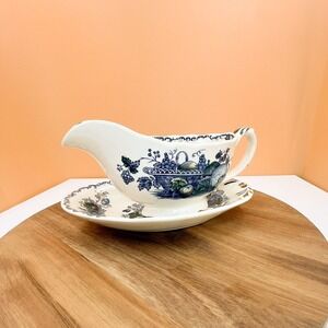 Mason's Ironstone‎ Gravy Boat with Saucer: Blue Fruit Basket Chinoiserie